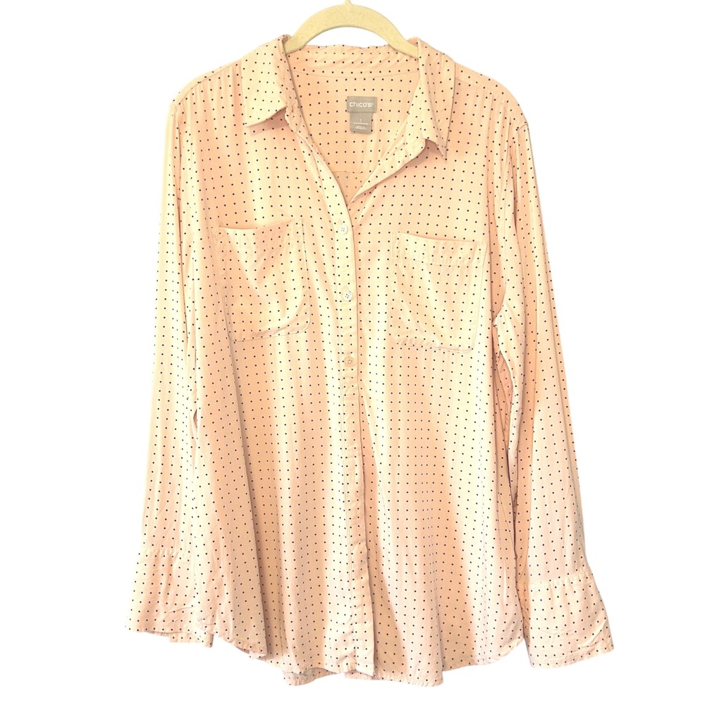 Chicos Polka Dot Button Down Shirt Pink Black Size 1 Medium Modal Rayon Blouse
